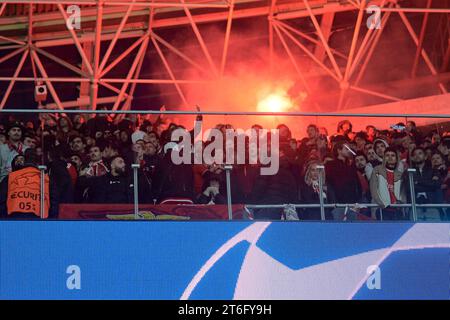 Fans von SL Benfica mit leuchtenden Blitzen während des Gruppenspiels D – UEFA Champions League zwischen Real Sociedad und SL Benfica am 08. November in der reale Arena Stockfoto