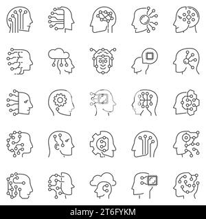 Modellsymbole für KI-Kopf – Künstliche Intelligenz und maschinelles Lernen Konzeptkopf mit Schaltungen Linienvektorsymbole Stock Vektor