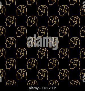 Kopf mit KI Schaltungen Vektor Roboter Learning Konzept dunkles nahtloses Muster im Umrissstil Stock Vektor