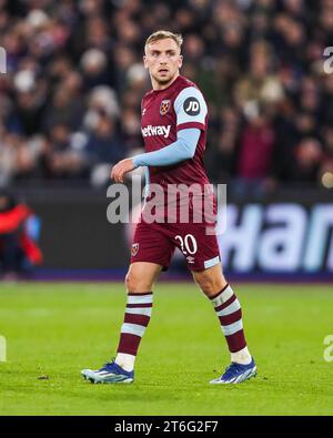 London, Großbritannien. November 2023. Jarrod Bowen von West Ham United während des Spiels West Ham United FC gegen Olympiakos FC UEFA Europa League Group A im London Stadium, London, England, Vereinigtes Königreich am 9. November 2023 Credit: Every Second Media/Alamy Live News Stockfoto