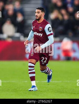 London, Großbritannien. November 2023. West Ham United's sagte Benrahma in Aktion während des Spiels West Ham United FC gegen Olympiakos FC UEFA Europa League Group A im London Stadium, London, England, Vereinigtes Königreich am 9. November 2023 Credit: Every Second Media/Alamy Live News Stockfoto