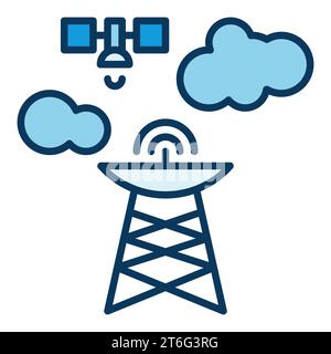 Telekommunikationsturm und Satellitenvektorkonzept blaues modernes Symbol oder Symbol Stock Vektor