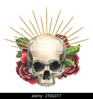 Menschlicher Schädel mit roten Blüten erhob sich in einer goldenen Krone mit Dornen, Strahlen. Handgezeichnete Aquarellillustration für Day of the Dead, halloween, Dia de los Stockfoto