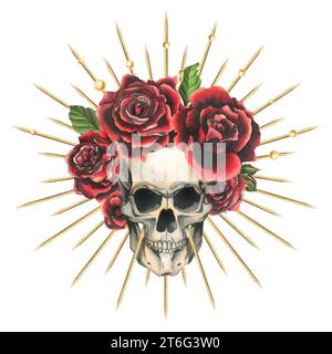 Menschlicher Schädel mit roten Blüten erhob sich in einer goldenen Krone mit Dornen, Strahlen. Handgezeichnete Aquarellillustration für Day of the Dead, halloween, Dia de los Stockfoto