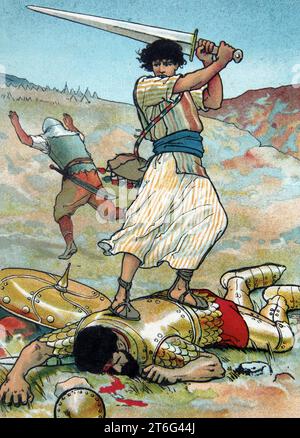 Abbildung: David tötete den Riesengoliath, nachdem er ihn mit einem Stein geschlagen hatte und Goliath tötete, schneidet er seinen Kopf mit einem Schwert aus dem Childre ab Stockfoto