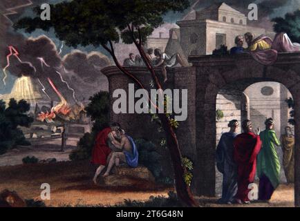 Illustration von Loses Eintritt in Zoar mit seinen Töchtern und der Zerstörung von Sodom und Gomorra (Genesis) aus der selbstinterpretierenden Familienbibel Stockfoto