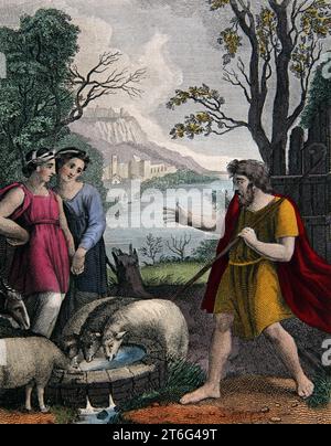 Illustration von Jacob, der Shepherd Rachel am Brunnen von Haran trifft (Genesis) aus der selbstinterpretierenden Familienbibel Stockfoto