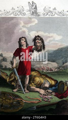 Abbildung: David tötete den Riesengoliath, nachdem er ihn mit einem Stein auf der Stirn geschlagen hatte und Goliath getötet hatte, schneidet er dann seinen Kopf mit einem Schwert ab Stockfoto