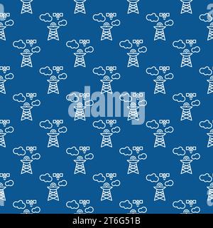 Funkmast und Satellitenvektor Konzept blaues nahtloses Muster in dünner Linie Stil Stock Vektor
