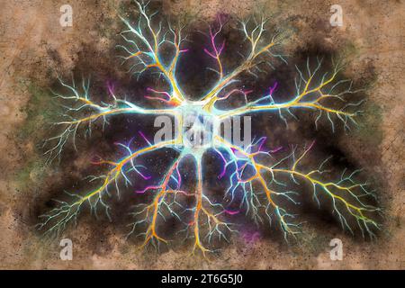 Neuronen, hochdetaillierte Gehirnzellen, neuronale Netzwerk-3D-Illustration im alten Buchstil Stockfoto