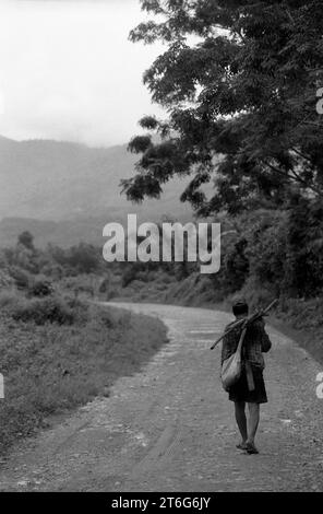 Ein Mann geht auf einem Feldweg nach Hause, nachdem er in den Reisfeldern gearbeitet hat, Vang Vieng, Laos. Stockfoto