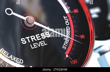 Spannungsmessgerät mit Nadel, die auf die hervorgehobenen Wörter zeigt. 3D-Abbildung. Stockfoto