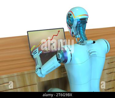 Ein humanoider Roboter, der mit Laptop arbeitet und Wirtschaftstabelle studiert, konzeptionelle 3D-Illustration. Künstliche Intelligenz, neuronales Netzwerk, Zukunft der Software d Stockfoto