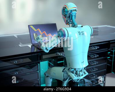 Ein humanoider Roboter, der mit Laptop arbeitet und Wirtschaftstabelle studiert, konzeptionelle 3D-Illustration. Künstliche Intelligenz, neuronales Netzwerk, Zukunft der Software d Stockfoto