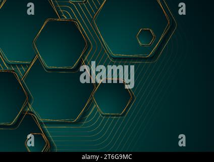 Türkisfarbener und goldener abstrakter geometrischer Hintergrund mit Sechsecken. Technologie-Vektordesign Stock Vektor