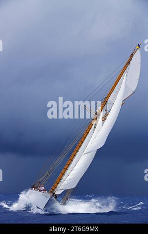 Segelyacht-Rennen in der Antigua Classic Yacht Regatta, Antigua, British West Indies. Stockfoto