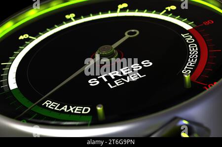 Spannungsmessgerät mit Nadel, die auf das Wort entspannt zeigt. 3D-Abbildung. Stockfoto