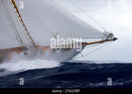 Segelyacht-Rennen in der Antigua Classic Yacht Regatta, Antigua, British West Indies. Stockfoto