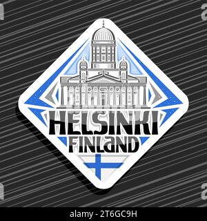 Vektor-Logo für Helsinki, weißes Rautenschild mit Linienillustration der historischen europäischen helsinki Stadtlandschaft auf Tageshimmel Hintergrund, dekorative Re Stock Vektor