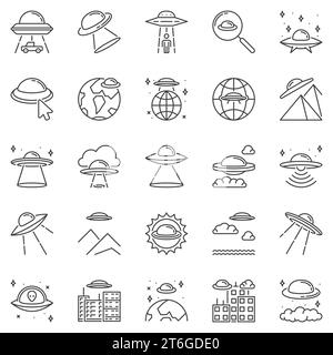 UFO-Kontursymbole - Unidentifiziertes fliegendes Objekt und fliegende Untertasse Konzept lineare Vektorsymbole Stock Vektor