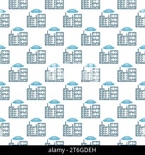 Fliegende Scheibe über Stadt Vektor UFO Konzept linearer nahtloser Hintergrund oder Muster Stock Vektor