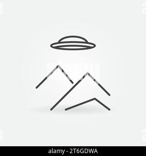 UFO Over the Mountains Vektor Konzept Symbol oder Zeichen in dünner Linie Stil Stock Vektor