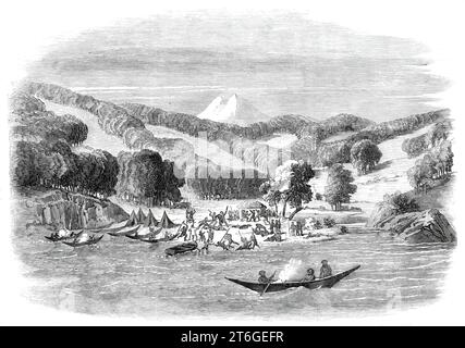 Massaker an einer Missionsparty des „Alan Gardiner“ durch die Eingeborenen in Woolya, Feuerland, 1860. Gravur nach einer Skizze von Mr. Havers. Im Oktober 1859 brachte der Schoner Alan Gardiner, der der Patagonian Missionary Society angehörte, einige Fueger in ihr Heimatland zurück, mit der Absicht '...bring einen weiteren Nachschub zurückzugeben, der an der Station auf Keppel Island (West Falkland) christianisiert werden sollte. die durchsucht wurden, bevor sie über die Seite des Schiffes gingen, ein Verfahren, das bei einer früheren Gelegenheit in Keppel, wo die Verletzung schwer verletzt worden war Stockfoto