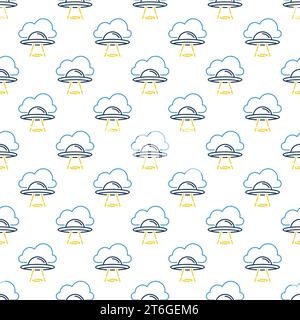 UFO Flying Untertasse in Blue Cloud Vector Konzept nahtloses Muster im Umrissstil Stock Vektor