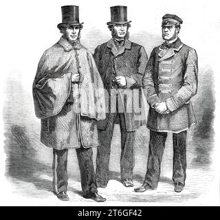 Neue Uniform für Briefträger, Postwächter und Fahrer im Dienst der Allgemeinen Post, 1860. Uniformen '...designed von Tait Brothers und Co. Army Contractors... die Briefträger werden jährlich mit zwei kompletten Anzügen geliefert, für Sommer und Winter... die Uniform besteht aus einem blauen Gehrock mit scharlachfarbenen Kragen, Bündchen, und die Verkleidungen, die Initialen G. P. 0., mit der Nummer darunter, die auf beiden Seiten des Kragens in weiß aufgestickt sind. Die Knöpfe sind hochwertig und veredelt und mit Initialen versehen. Die Weste passt zum Mantel Stockfoto