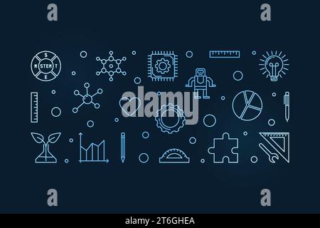 STEAM Education – Blaues Banner mit minimaler Kontur. Science Concept lineare horizontale Illustration mit dunklem Hintergrund Stock Vektor