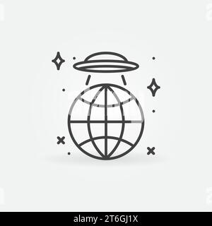 UFO Over the Earth Globe Vektorkonzept Symbol oder Zeichen in dünner Linie Stock Vektor