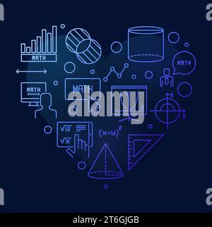 Lernen Mathematik Vektor dünne Linie Herzform blaues Banner - mathematisches Konzept moderne Illustration mit dunklem Hintergrund Stock Vektor