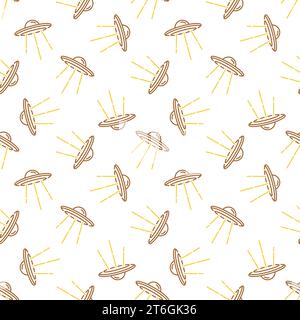 Vector UFO Fliegende Untertasse Konzept nahtloses Muster im Outline-Stil Stock Vektor