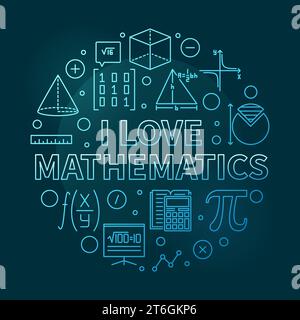 Ich liebe Mathematik Konzept Vektor dünne Linie runde farbige Banner - Schule Mathematik Illustration mit dunklem Hintergrund Stock Vektor