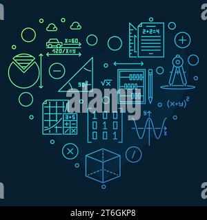Mathematik-Bildungsvektor dünne Linie herzförmige Banner. Mathematische Konzeptdarstellung mit dunklem Hintergrund Stock Vektor