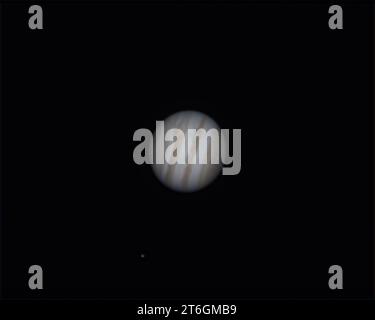Jupiter und sein großartiger roter Fleck, aufgenommen mit meinem StellaLyra RC6, Ioptron CEM 40, Altair Astro GPCAM3 178C von meinem Balkon in Birmingham, Großbritannien Stockfoto