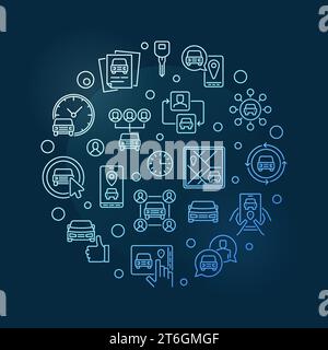 Car Sharing rundes blaues Banner - Carsharing Konzept Vektor lineare Illustration auf dunklem Hintergrund Stock Vektor