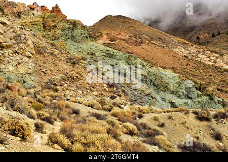 Los Azulejos, hydrothermale Alteration vulkanischer Gesteine mit Vorhandensein von Illit-, Smektit- und Zeolithmineralen. Nationalpark Cañadas del Teide, Tener Stockfoto