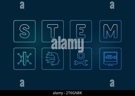 STEM Science, Technology, Engineering and Math Education Konzept farbenfrohe horizontale Banner. Vektorillustration mit dunklem Hintergrund Stock Vektor