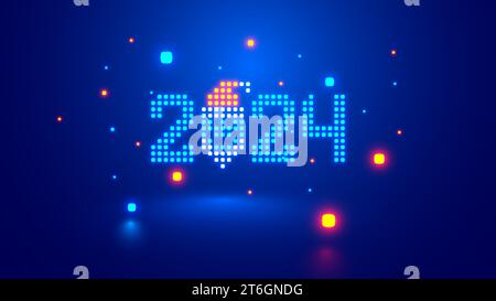 Das Gesichtssymbol des Weihnachtsmanns mit 2024 Ziffern besteht aus leuchtenden Pixeln im Technologiestil auf blauem Hintergrund. Neujahrskarte oder Poster mit digitalem Tech-Kalender. Logo Stock Vektor