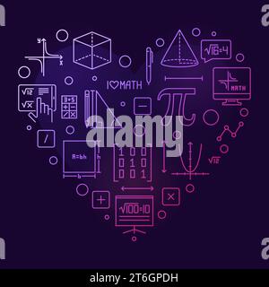 Ich liebe Mathematik-Vektor-Umrisse herzförmiges farbiges Banner - mathematisches Konzept lineare Illustration mit dunklem Hintergrund Stock Vektor