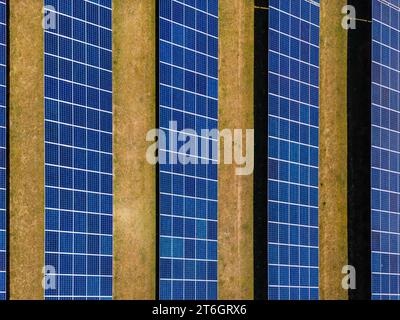 Luftaufnahme von Solarmodulen einer bodenmontierten Photovoltaikanlage auf einem Feld als Draufsicht von oben Stockfoto