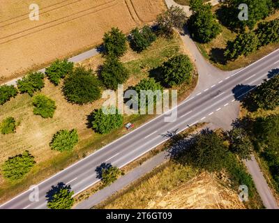 Landstraße mit Radweg neben Feldern mit Bäumen und mehreren unbefestigten Wegen in ländlicher Landschaft Stockfoto