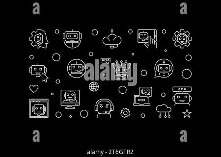 Virtual Assistant oder Chat Bot Technology Konzept horizontales Banner im Linienstil - Vektor-Chatbot-Illustration mit dunklem Hintergrund Stock Vektor