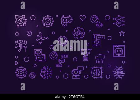 Lösungskonzept Gliederung Vektor violettes Banner. Künstliche Intelligenz und horizontale Illustration des neuronalen Netzes auf dunklem Hintergrund Stock Vektor
