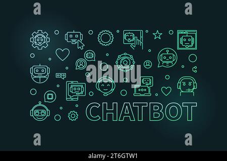 Chatbot Konzept dünne Linie buntes Banner - Chat-Bot Technologie Vektor horizontale Illustration auf dunklem Hintergrund Stock Vektor