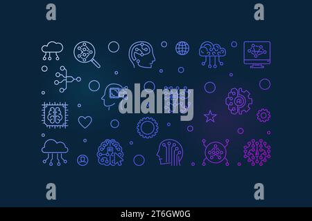 Cyber Brain and Artificial Intelligence Concept dünnes, farbenfrohes Banner. Horizontale Illustration des Vektors AI auf dunklem Hintergrund Stock Vektor