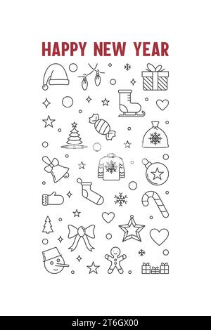 Grußkarte zum guten neuen Jahr 2024 im Umrissstil - Vektor Feiertage vertikale Illustration Stock Vektor