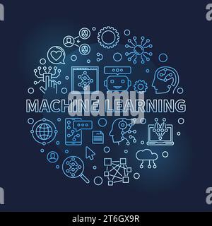 Machine Learning Concept – dünne Linie, rundes blaues Banner. ML-Technologie-Vektor-Illustration auf dunklem Hintergrund Stock Vektor