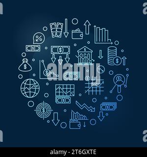 Geld- und Fiskalpolitik Vektor Makroökonomie Konzept runder Umriss blaues Banner oder Illustration mit dunklem Hintergrund Stock Vektor